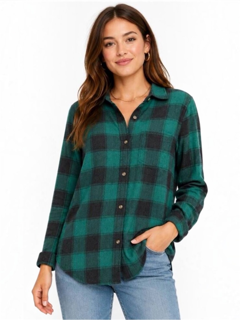 American Eagle Outfitters Boyfriend-Fit  Button-down Flannel Shirt in Green/Gray